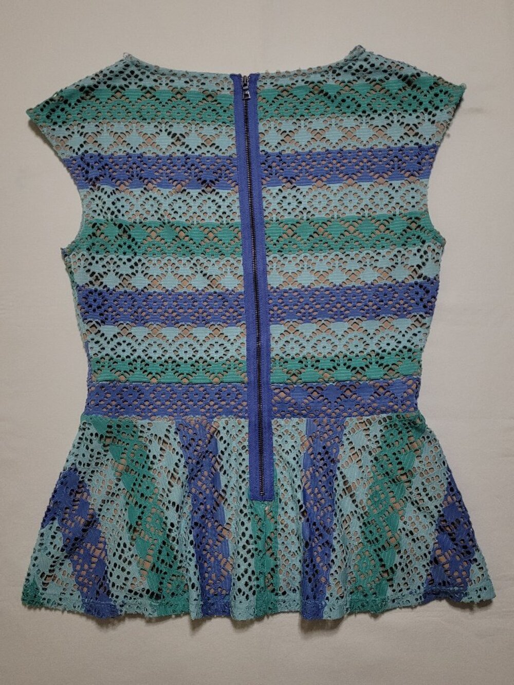 BCBGMAXAZRIA Heidy Lace Peplum Top Aqua Combo Stripe Small Quiet Luxury - Picture 2 of 10